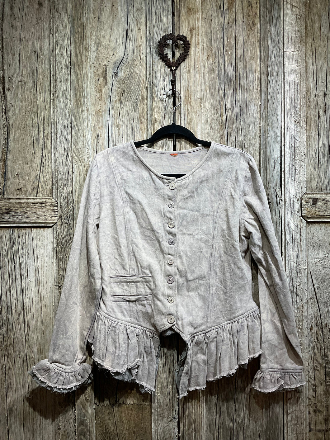 Preloved Beige Cotton Drill Jacket with Frill
