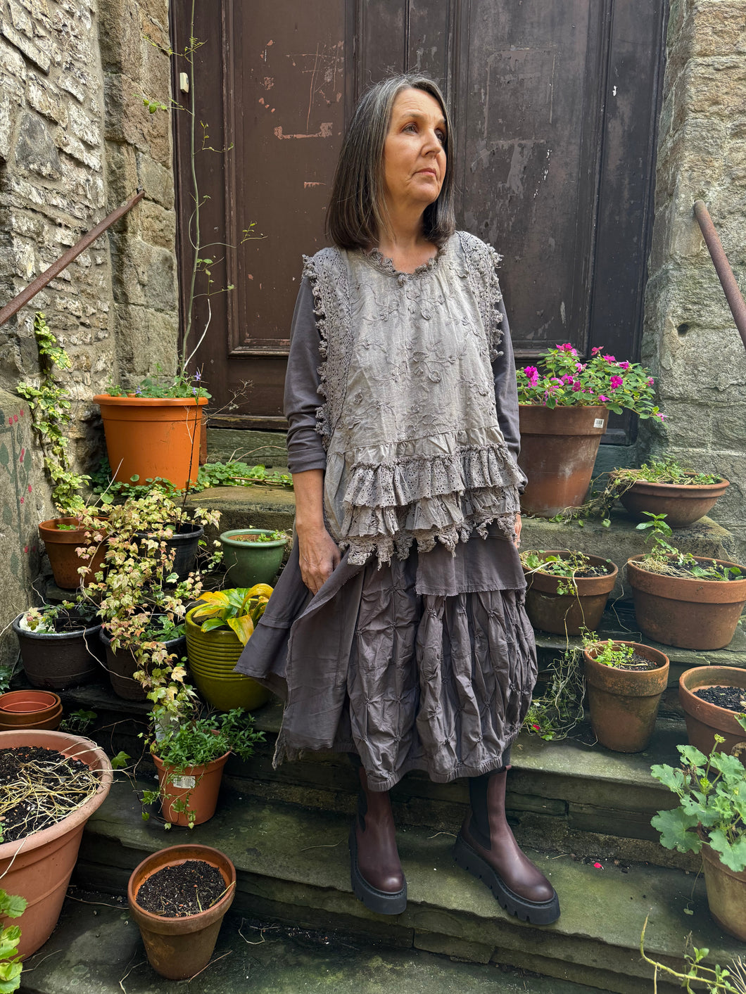 JLS Grey Embroidery Appliqué & Lace Layering Tunic Dress 1106