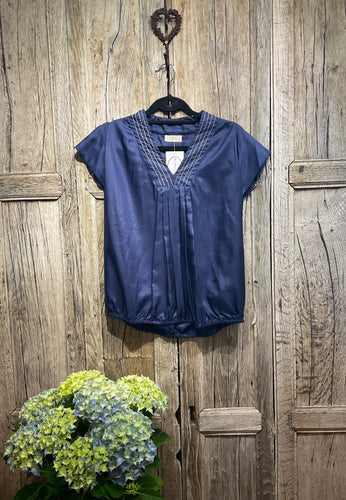 Preloved TOAST, Navy Silk Top with Embroidery