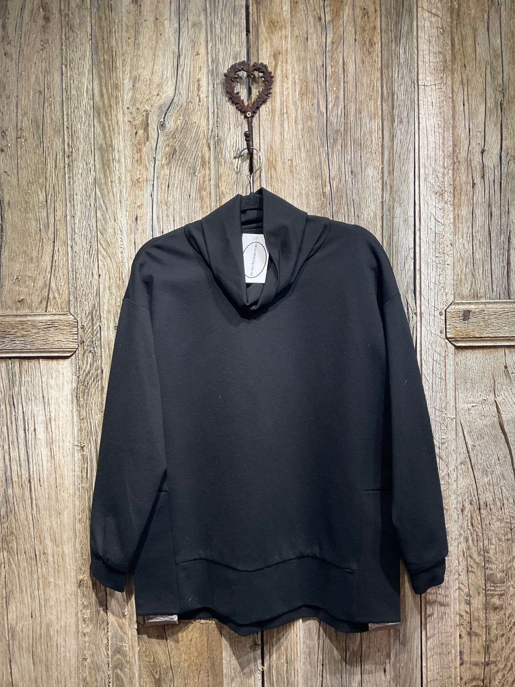 Preloved TUZZI Black Cowl Neck Top with Silver Detail