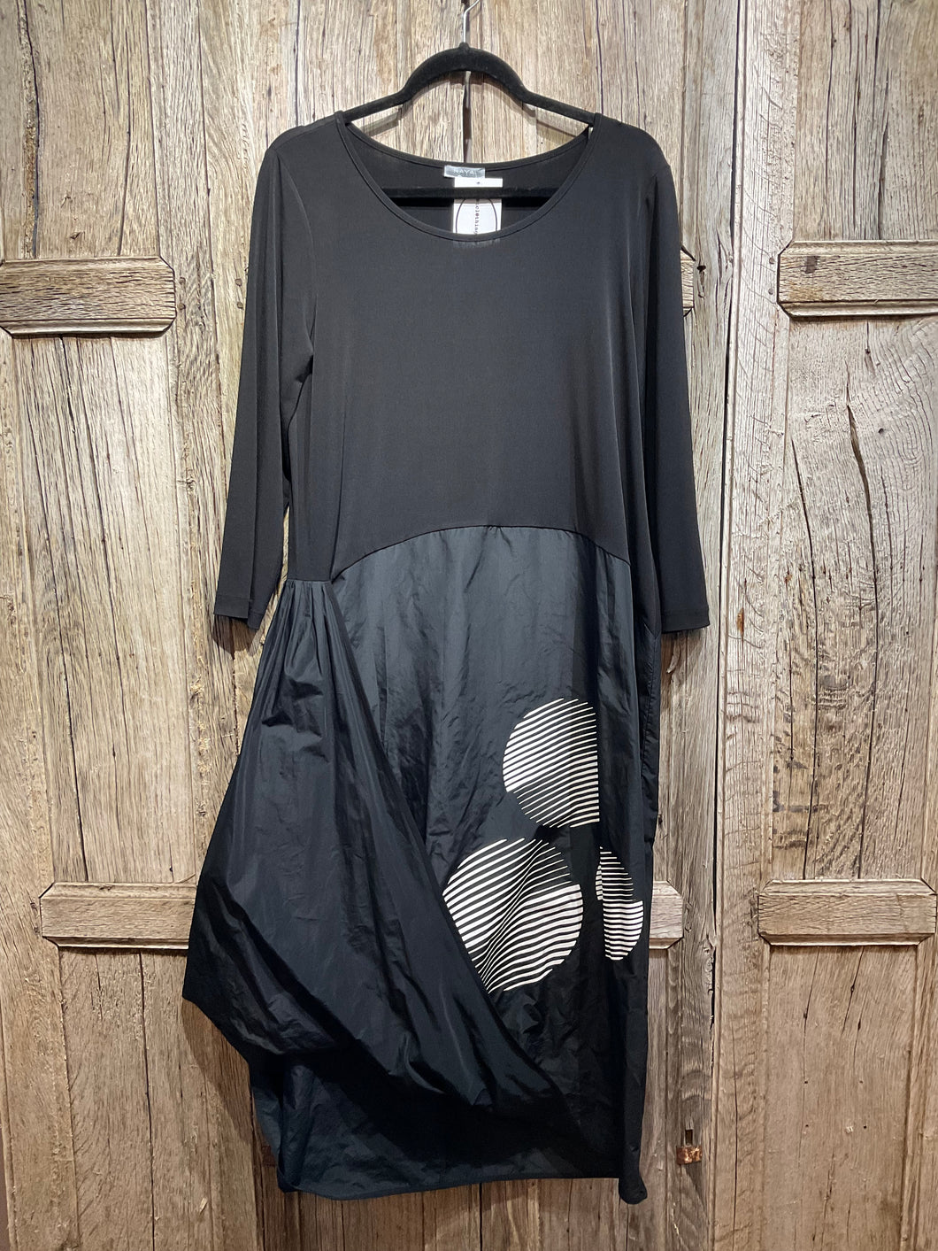 Preloved Naya Black Jersey & Organza Dress with White Circle Pattern