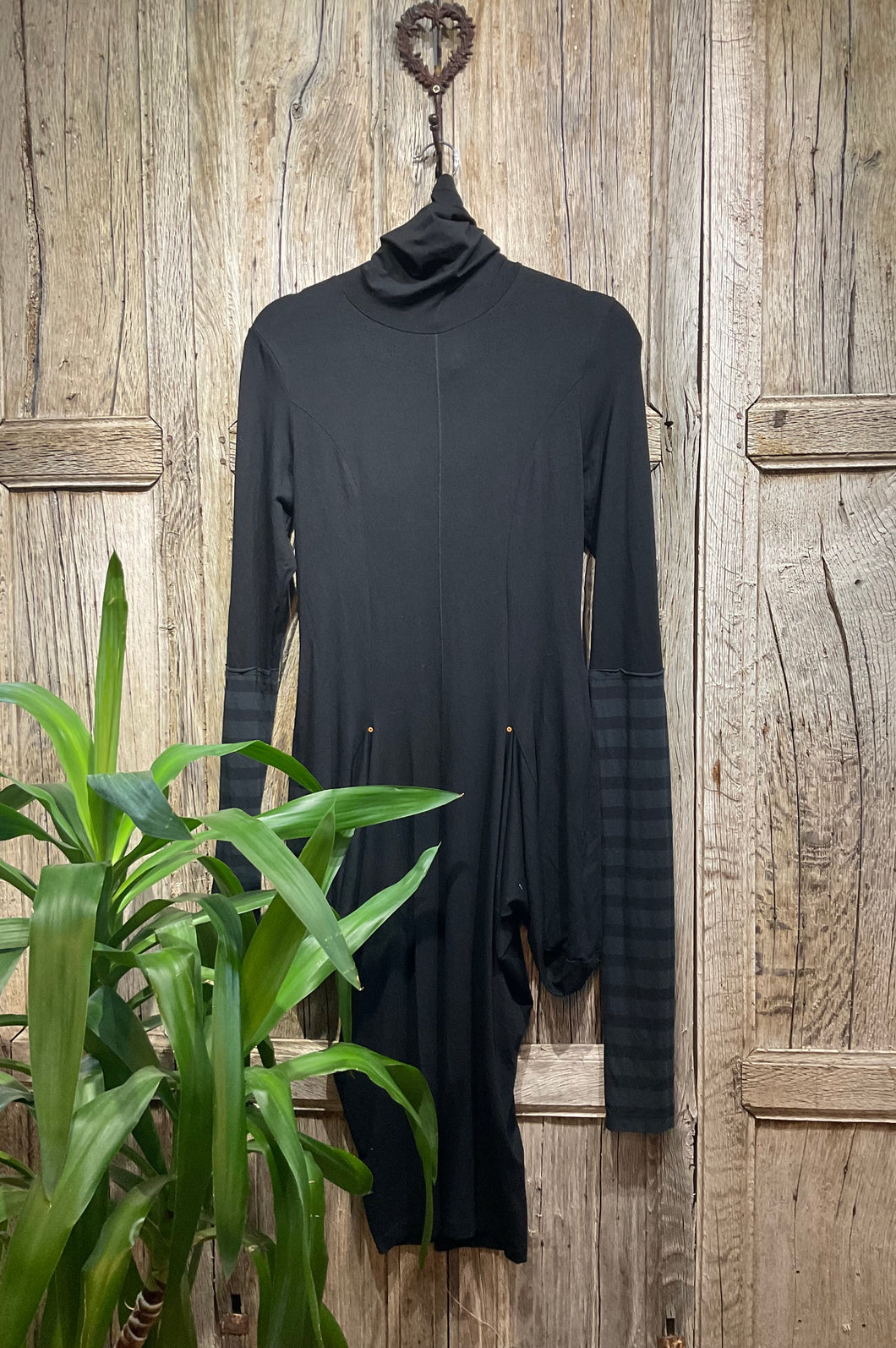 Preloved COP COPINE Long Black Jersey Dress with Stripe Sleeves