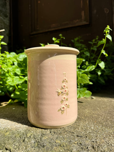 Hogben Pottery Large Lidded Pot - Pink Hollyhock + Bee