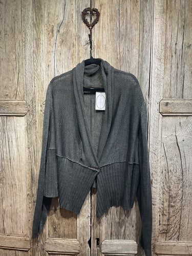 Preloved Crea Concept, Linen Charcoal Waterfall Cardigan with Brooch