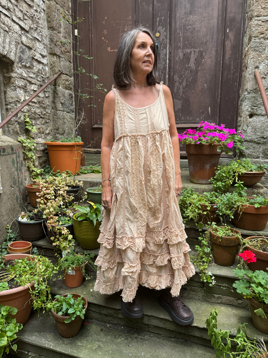 JLS Antique Cream Lace & Embroidery Cotton Sun Dress 1102