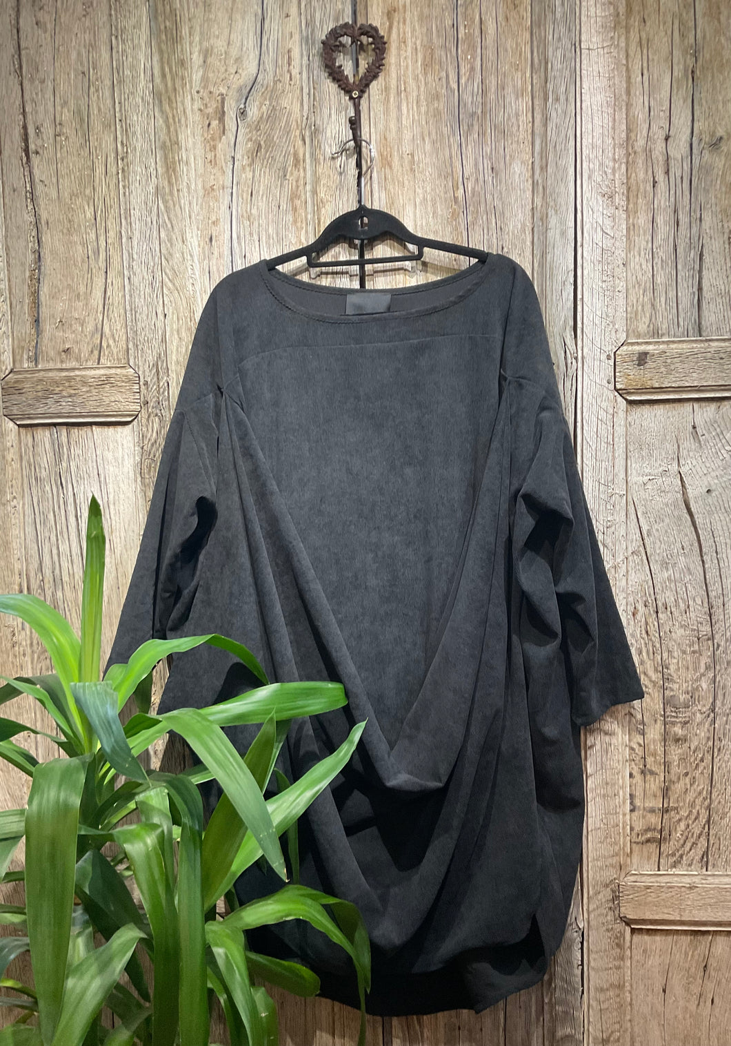 Preloved CREARE Oversized Black Fine Cord Tunic with “Scoop” Detail