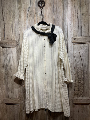 Preloved Black & White Stripe Cotton Shirt with Black Spot Scarf