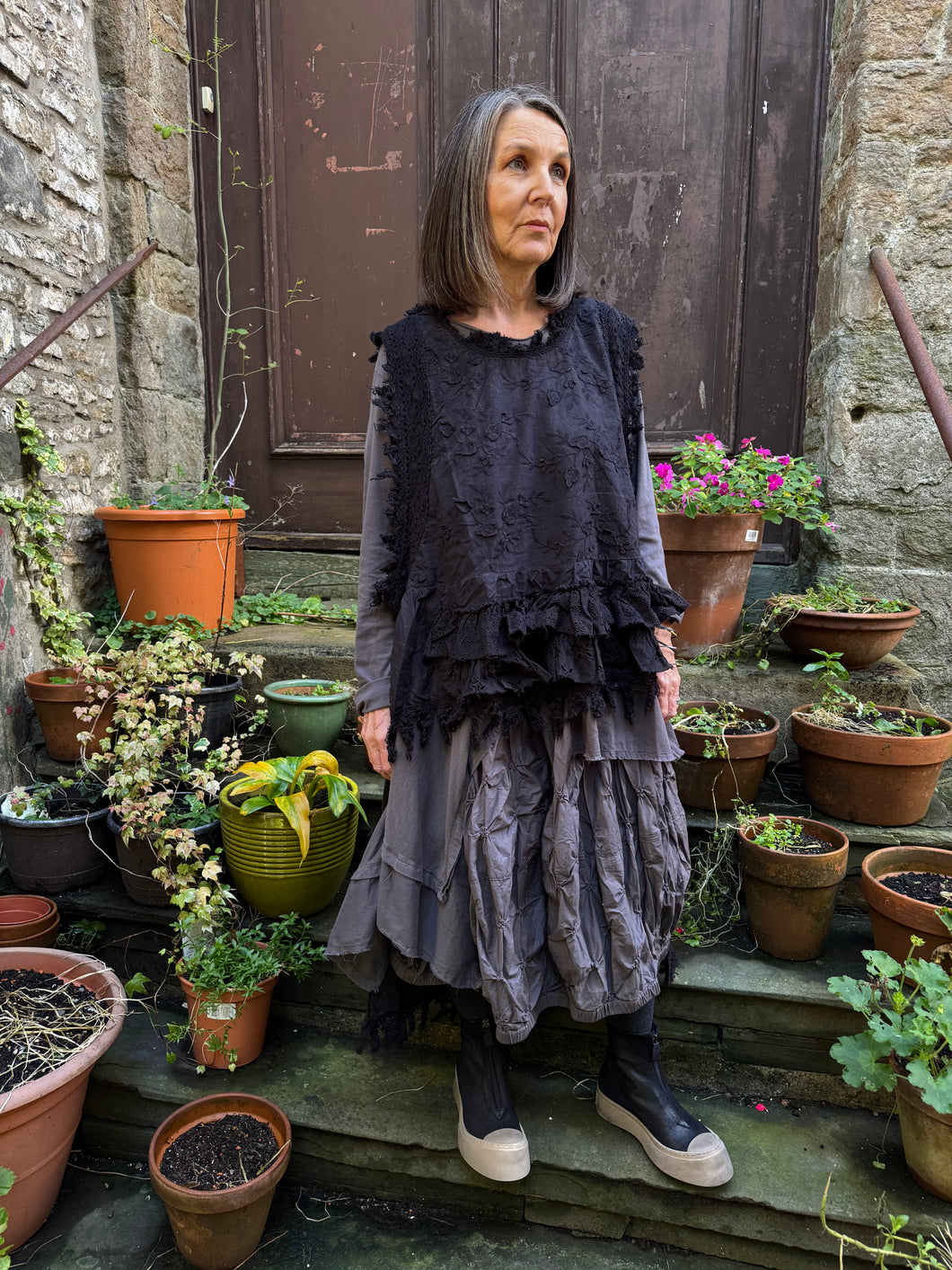 JLS Black Embroidery Appliqué & Lace Layering Tunic Dress 1106