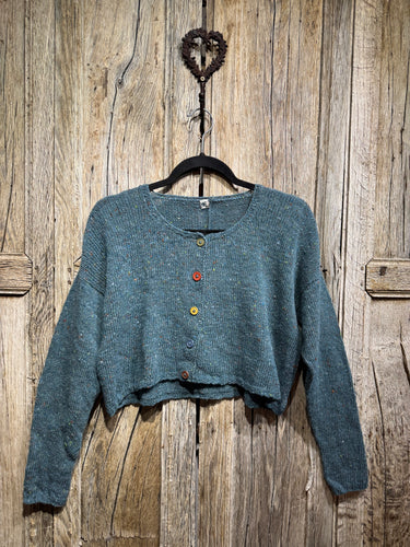 Handknits by ME Blue Crop Wool & Mohair Mix Cardigan